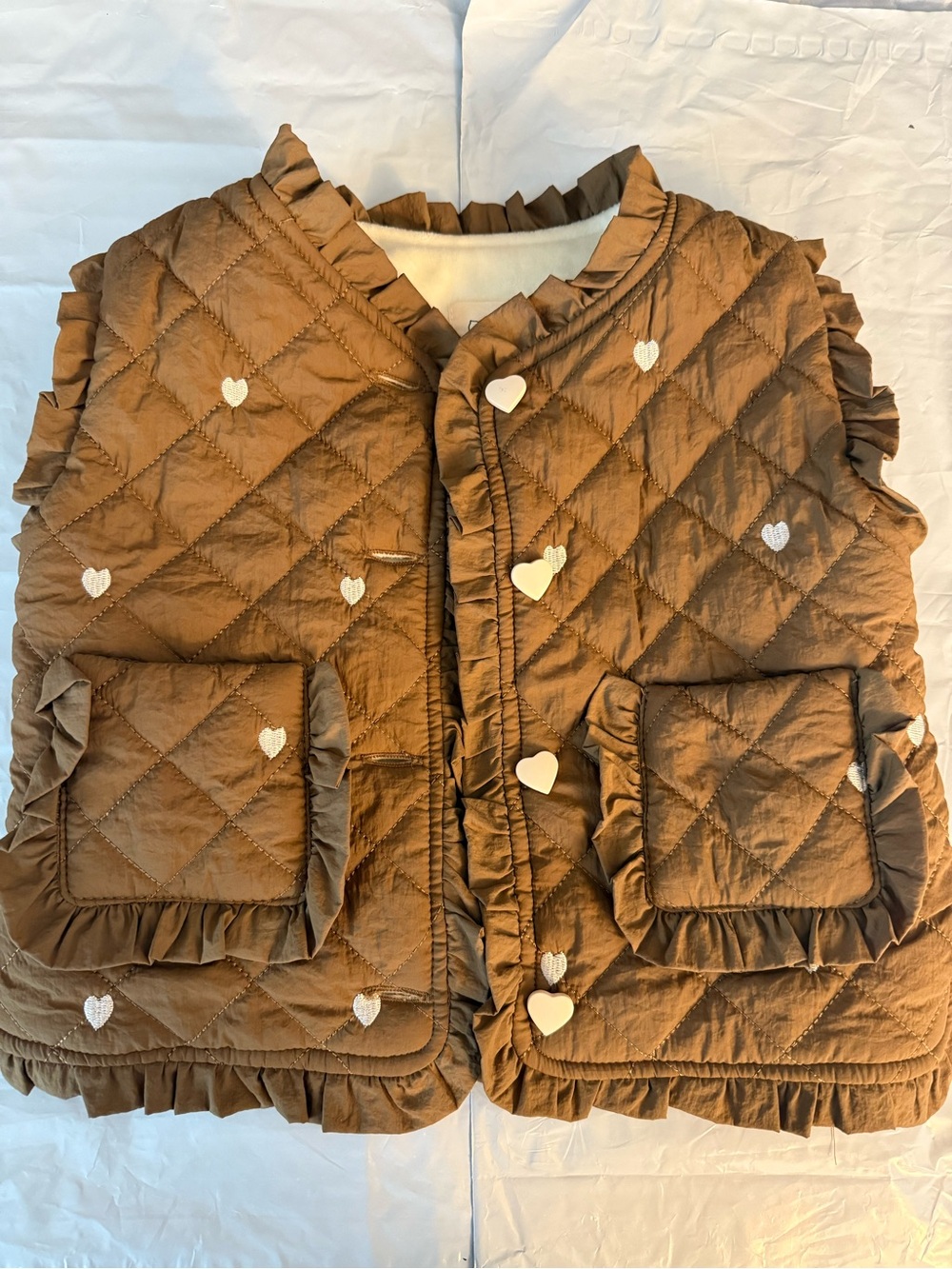Girls' Quilted Heart-Button Brown Jacket Vest
